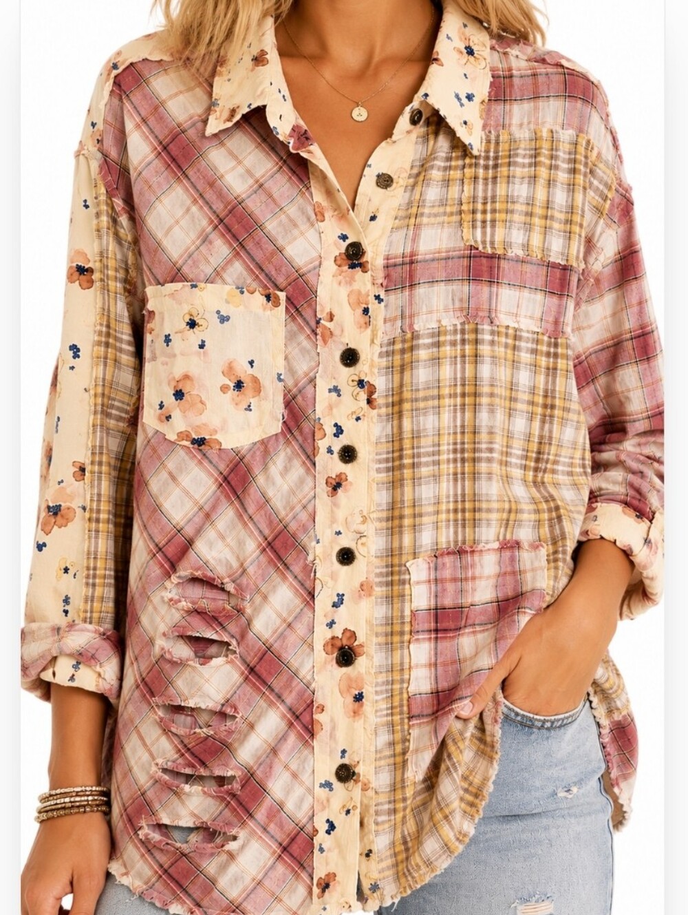 POL Patchwork Plaid Floral Distressed Button Shacket Shirt Medium Fall Vibes